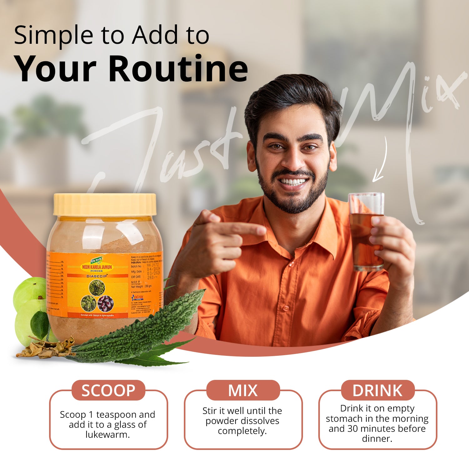 a guy pointing to a glass of neem karela jamun powder drink , with steps to prepare it