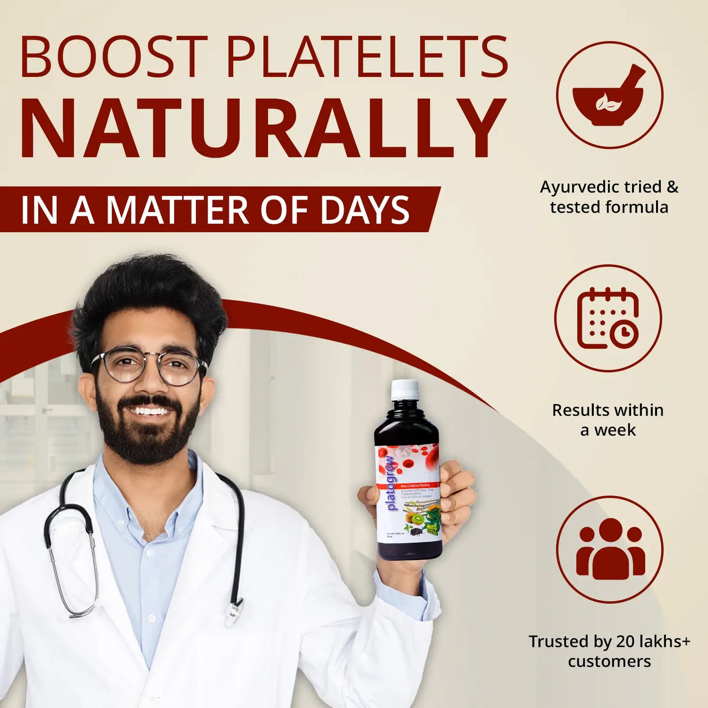 a doctor holding the bottle of platogrow platelet syrup