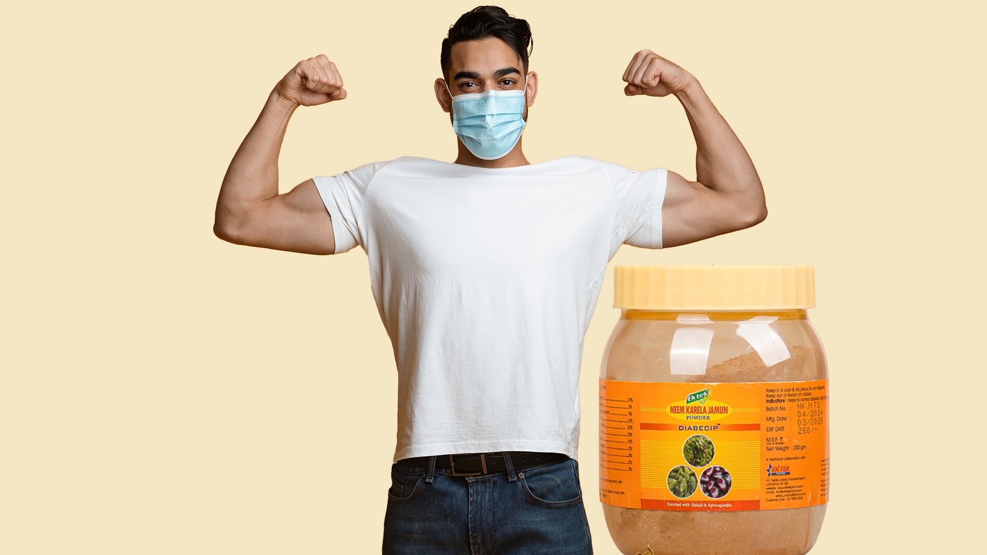 a strong built man posing to show his strength while wearing a mask and standing next to neem karela jamun powder, reflecting improved immunity.