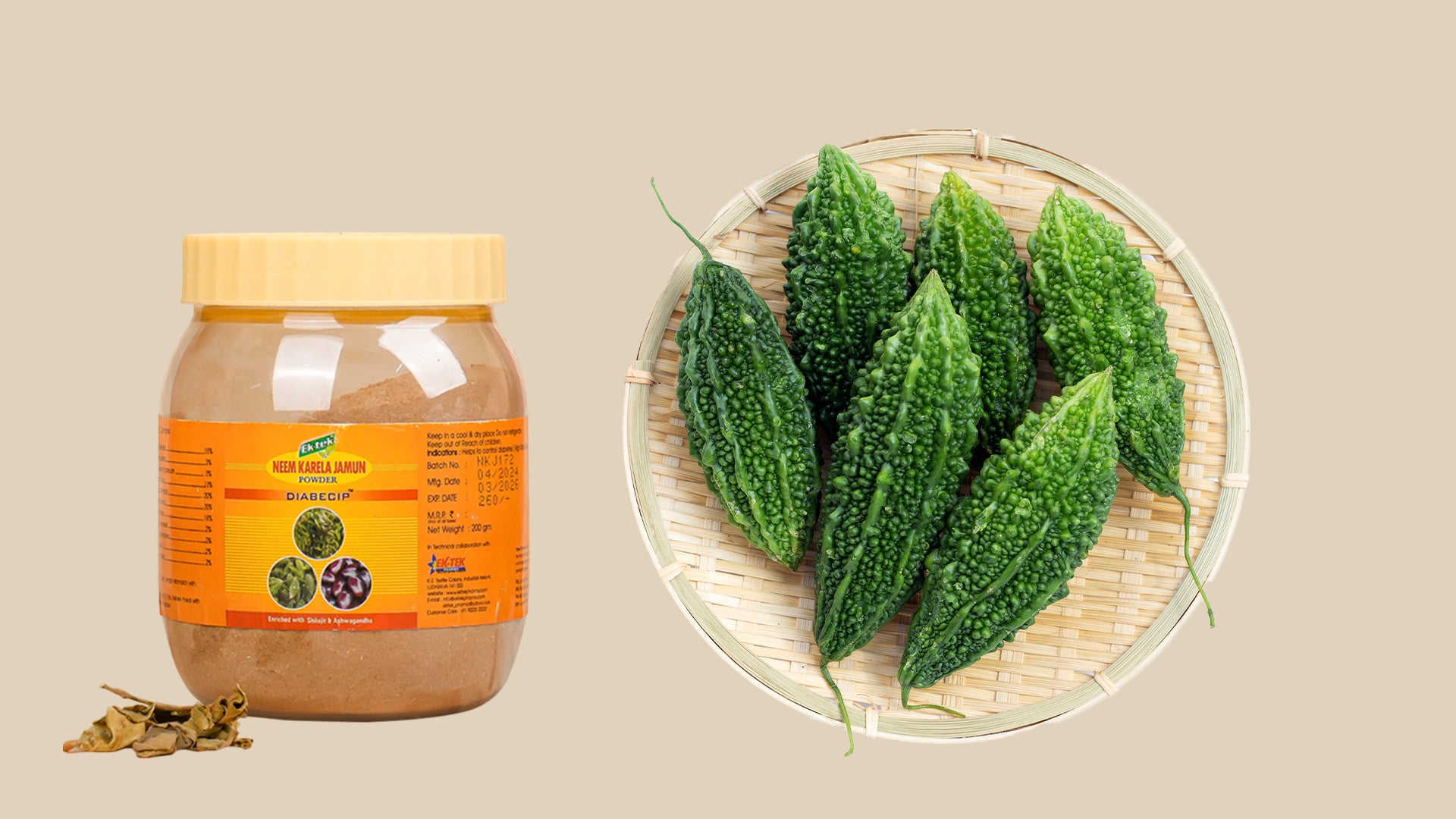 a wooden tray full of bitter gourd, place next to Neem karela jamun powder