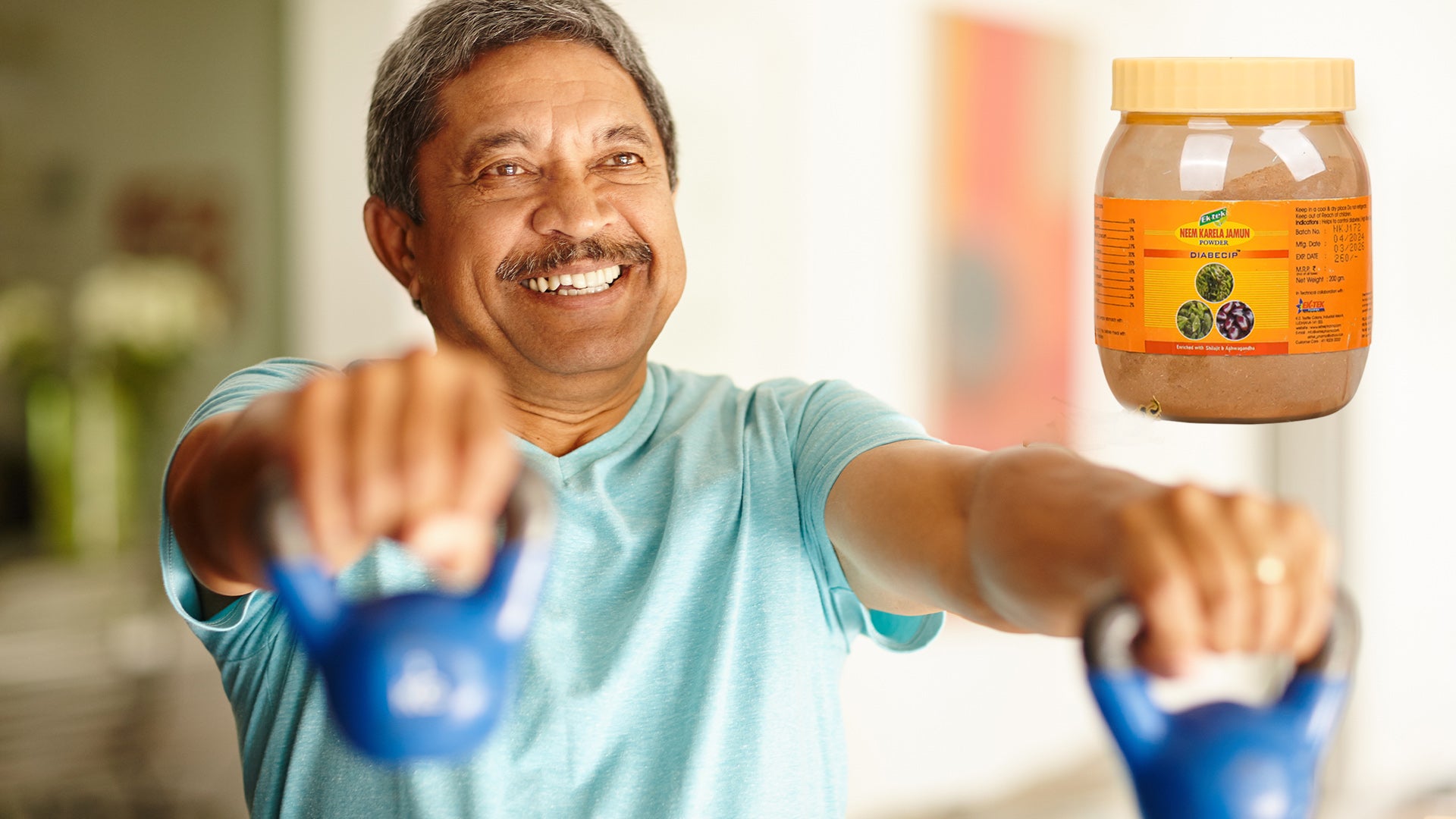 a senior lifting blue kettlebells, exercising as a neem karela jamun powder box sits next to him